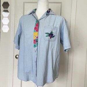 Gina Peters Vintage Denim Short Sleeve Shirt With Shoulder-Pads 80s 90s - Size L